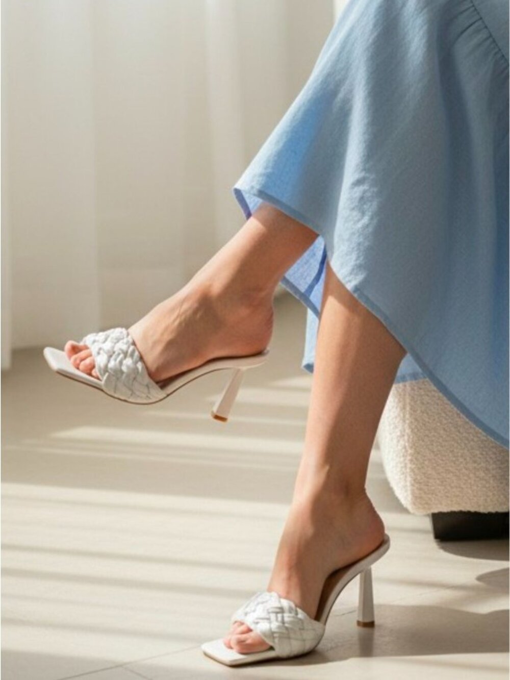 Braided White Heeled Mules With Square-Toe Design & Stiletto Heels